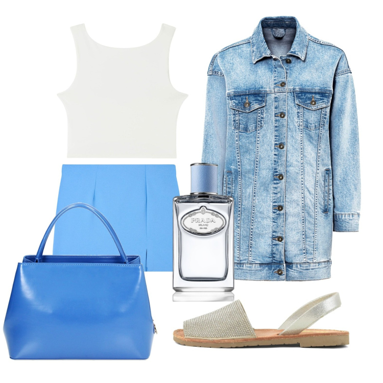 Outfit donna - Gonna mini & giacca maxi. Stile Trendy per Tutti i giorni. Abbinamento con cappotti, profumi, minigonne, canottiere, borse a mano, sandali in pelle.