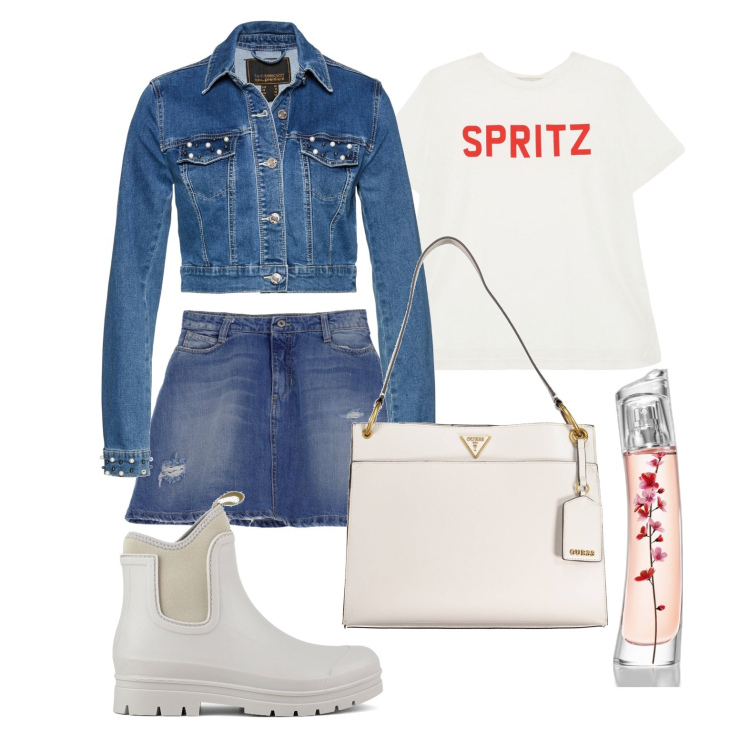 Outfit donna - Aperitivo in total denim. Stile Trendy per Serata fuori. Abbinamento con blazer, profumi, minigonne, t-shirt, stivali, borse a spalla.
