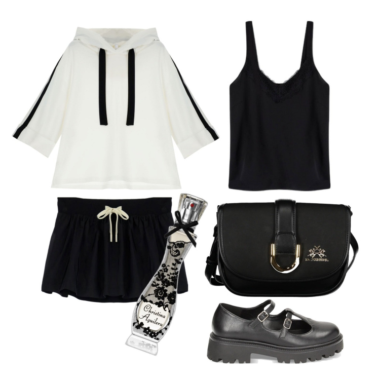 Outfit donna - Sportiva con stile. Stile Sporty chic per Tutti i giorni. Abbinamento con profumi, felpe con cappuccio, minigonne, ballerine, borse a tracolla, top.