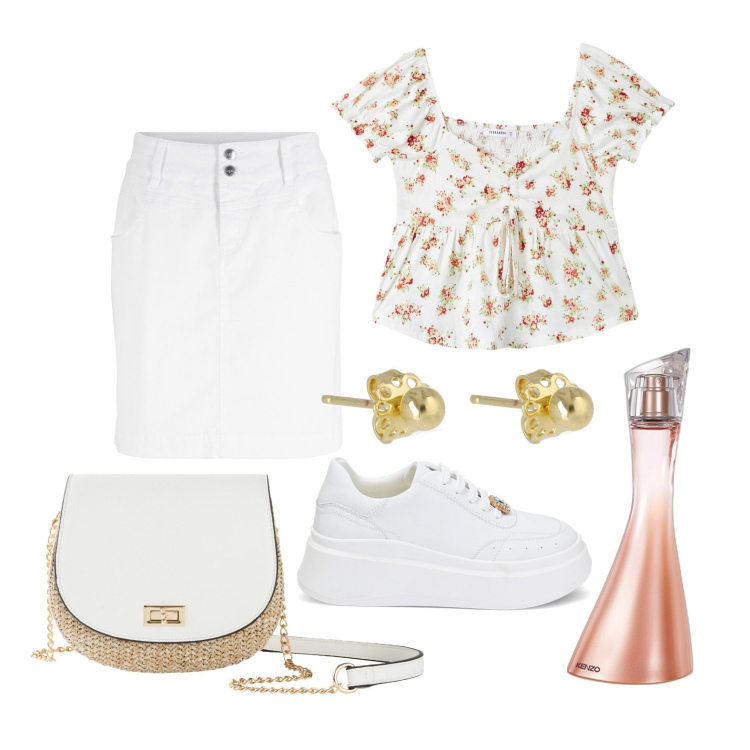 Outfit donna - In città in bianco. Stile Trendy per Tutti i giorni. Abbinamento con minigonne, borse a tracolla, profumi, bluse, sneakers, orecchini.