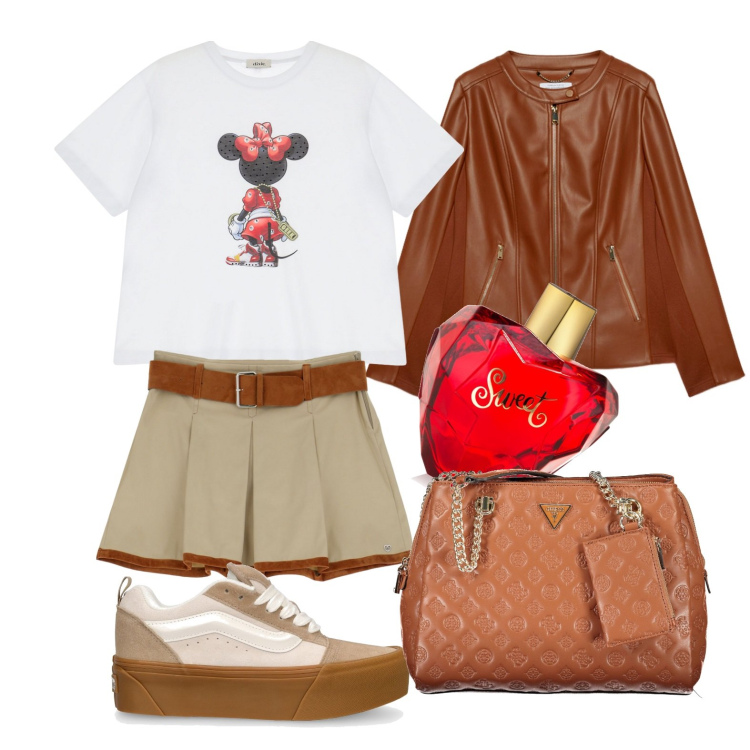 Outfit donna - Lolita in città. Stile Casual chic per Tutti i giorni. Abbinamento con profumi, minigonne, t-shirt, borse a spalla, blazer, sneakers.