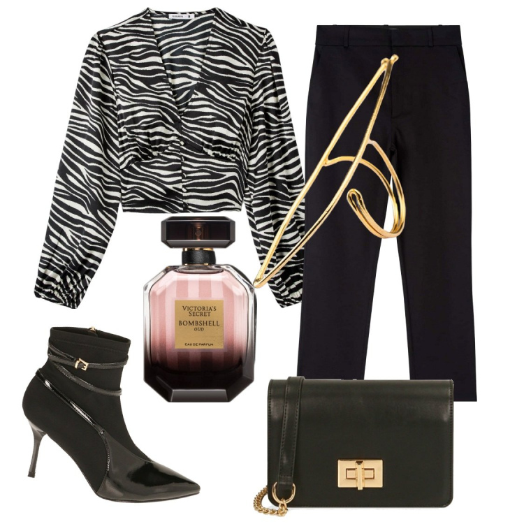 Outfit donna - La blusa zebrata. Stile Etnico per Serata fuori. Abbinamento con profumi, pantaloni chino, bluse, stivaletti, borse a tracolla, anelli.