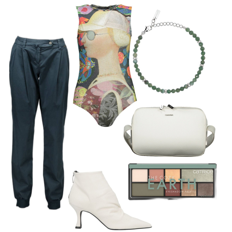 Outfit donna - 18:00. Stile Trendy per Tutti i giorni. Abbinamento con stivaletti, ombretti, braccialetti, body, pantaloni, borse a tracolla.