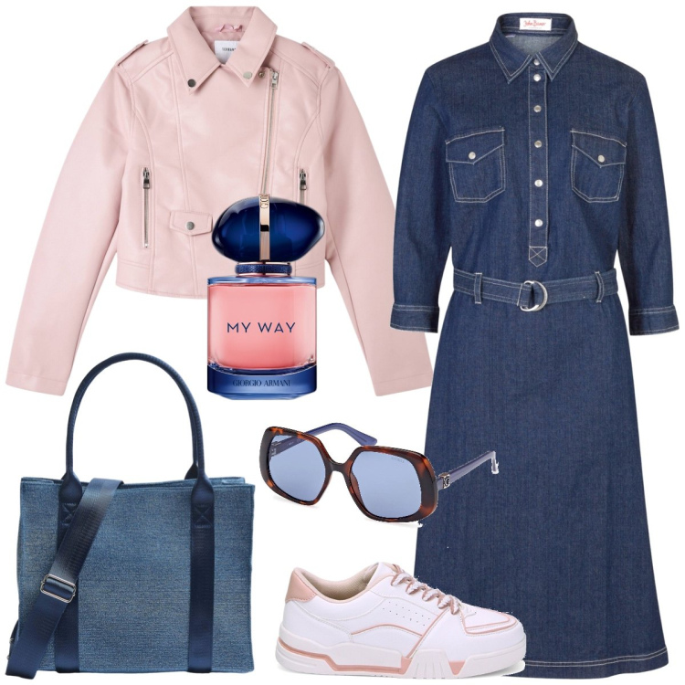 Outfit donna - Denim. Stile Sporty chic per Tutti i giorni. Abbinamento con vestiti, profumi, giacche, shopping bag, sneakers, occhiali da sole.