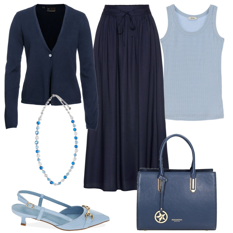 Outfit donna - In città. Stile Chic per Tutti i giorni. Abbinamento con gonne lunghe, cardigans, top, borse a mano, décolleté, collane.