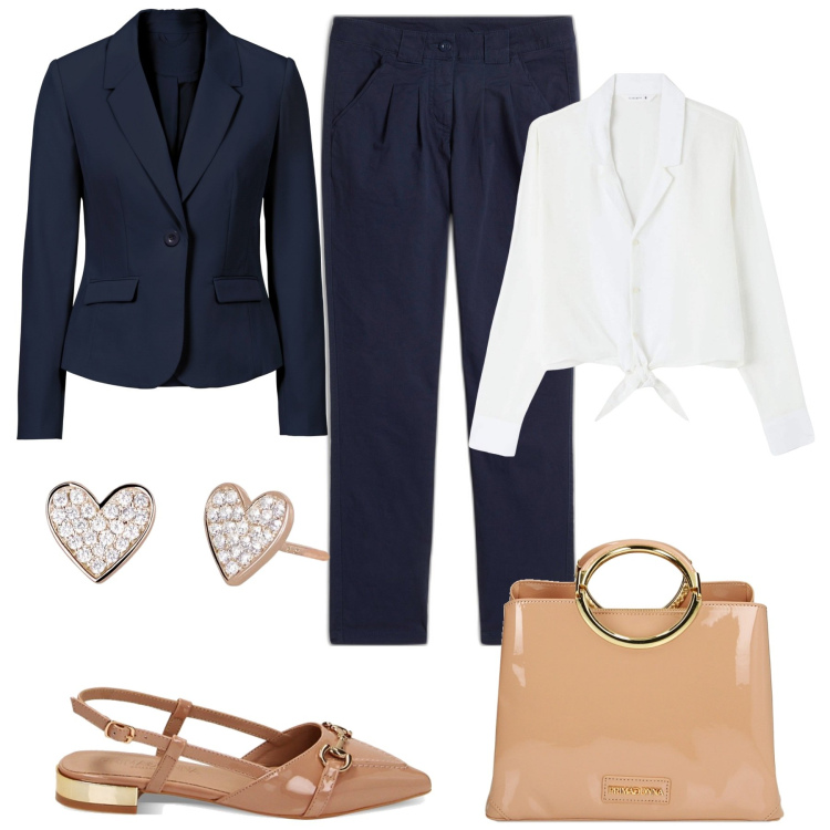 Outfit donna - Al lavoro. Stile Chic per Ufficio. Abbinamento con pantaloni chino, blazer, camicie, orecchini, ballerine, borse a mano.