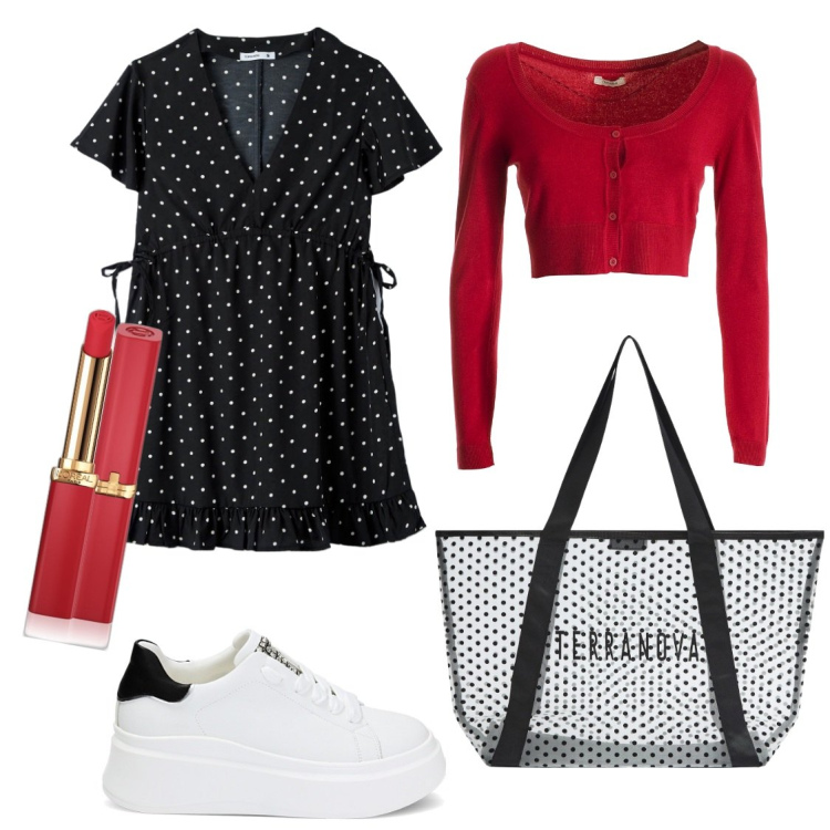 Outfit donna - Semplicità a pois. Stile Casual per Tutti i giorni. Abbinamento con rossetti, shopping bag, vestiti, cardigans, sneakers.