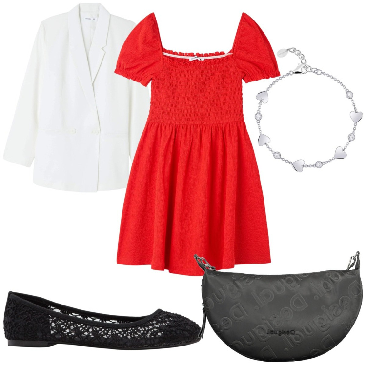 Outfit donna - Total look #1852198. Stile Trendy per Tutti i giorni. Abbinamento con ballerine, vestiti corti, blazer, braccialetti, borse a tracolla.