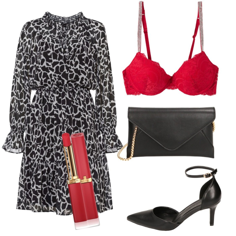 Outfit donna - Elegante con poca spesa. Stile Chic per Serata fuori. Abbinamento con vestiti corti, rossetti, reggiseni a balconcino, décolleté, pochette.