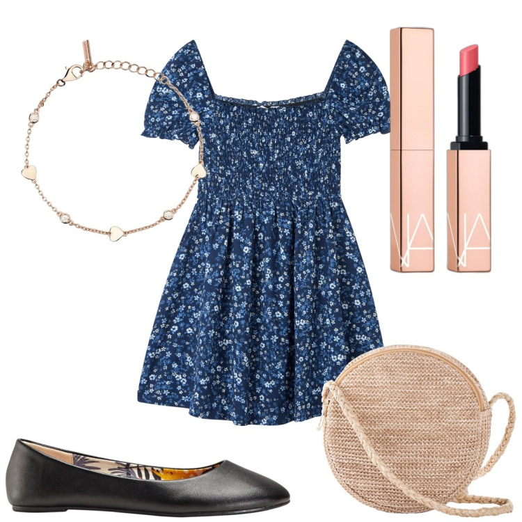 Outfit donna - Total look #1852206. Stile Trendy per Tutti i giorni. Abbinamento con ballerine, borse a tracolla, rossetti, vestiti corti, braccialetti.