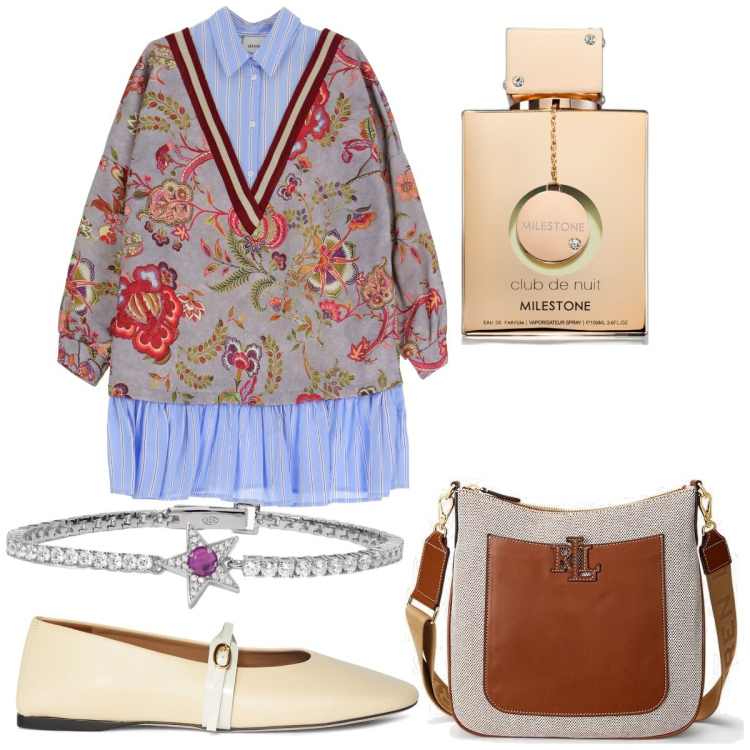 Outfit donna - Total look #1852233. Stile Trendy per Tutti i giorni. Abbinamento con profumi, braccialetti, vestiti corti, borse a tracolla, ballerine.