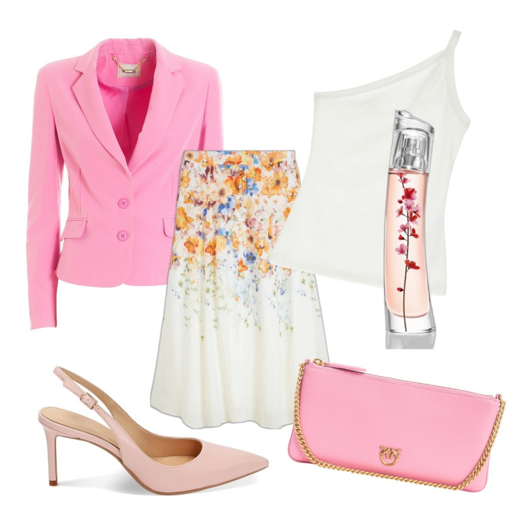 Outfit donna - Rosa pastello. Stile Romantica per Tutti i giorni. Abbinamento con gonne, profumi, borse a tracolla, blazer, top, décolleté.