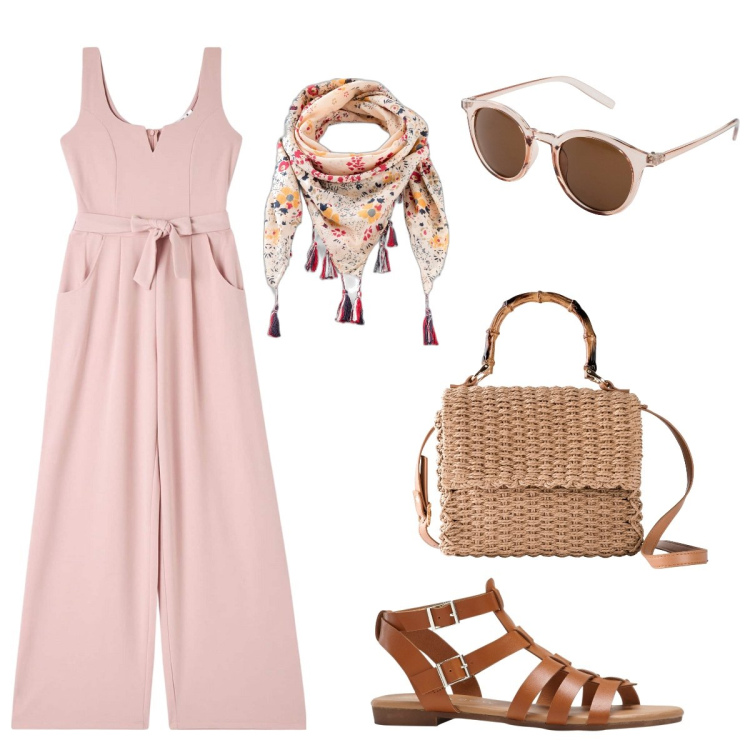 Outfit donna - Passeggiata sul lungomare. Stile Casual chic per Mare. Abbinamento con occhiali da sole, foulard, sandali, borse a mano, tute.