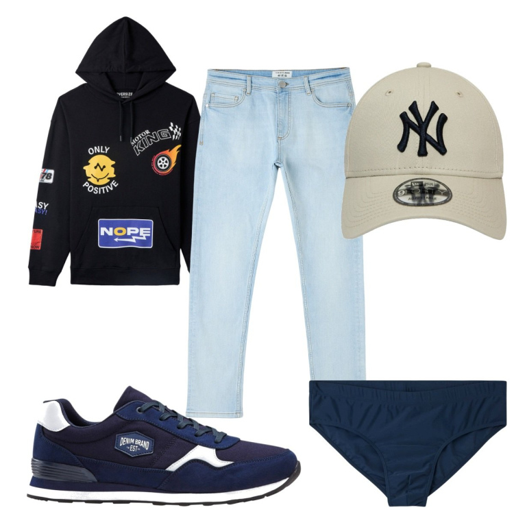 Outfit uomo - Total look #1852243. Stile Urban per Tutti i giorni. Abbinamento con sneakers, jeans skinny, felpe con cappuccio, slip, cappelli con visiera.