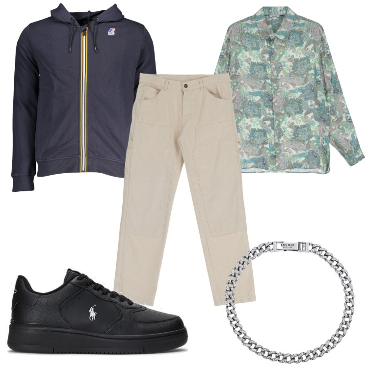 Outfit uomo - Total look #1852246. Stile Casual per Tutti i giorni. Abbinamento con braccialetti, pantaloni, camicie, sneakers, felpe con cappuccio.