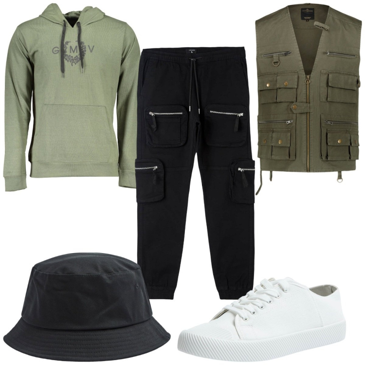 Outfit uomo - Total look #1852256. Stile Trendy per Tutti i giorni. Abbinamento con gilet, pantaloni cargo, felpe con cappuccio, sneakers, cappelli.