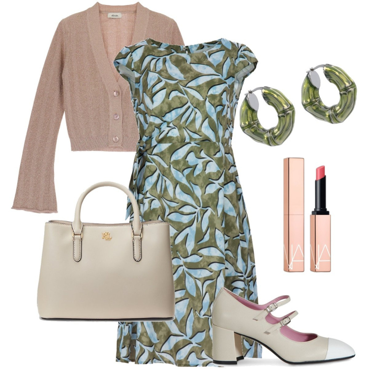 Outfit donna - L’abito con le foglie. Stile Romantica per Serata fuori. Abbinamento con rossetti, borse a mano, cardigans, vestiti midi/longuette, décolleté, orecchini.