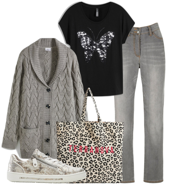 Outfit donna - Uscire in cardigan. Stile Basic per Tutti i giorni. Abbinamento con cardigans, maglieria, jeans dritti, sneakers, shopping bag.