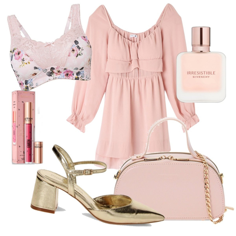 Outfit donna - Rosa irresistibile. Stile Romantica per Cerimonia. Abbinamento con reggiseni, gloss, profumi, vestiti corti, décolleté, borse a mano.