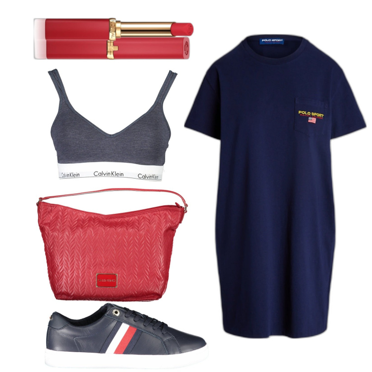 Outfit donna - Comodamente. Stile Sporty chic per Tutti i giorni. Abbinamento con rossetti, vestiti, bralette, pochette, scarpe sportive.