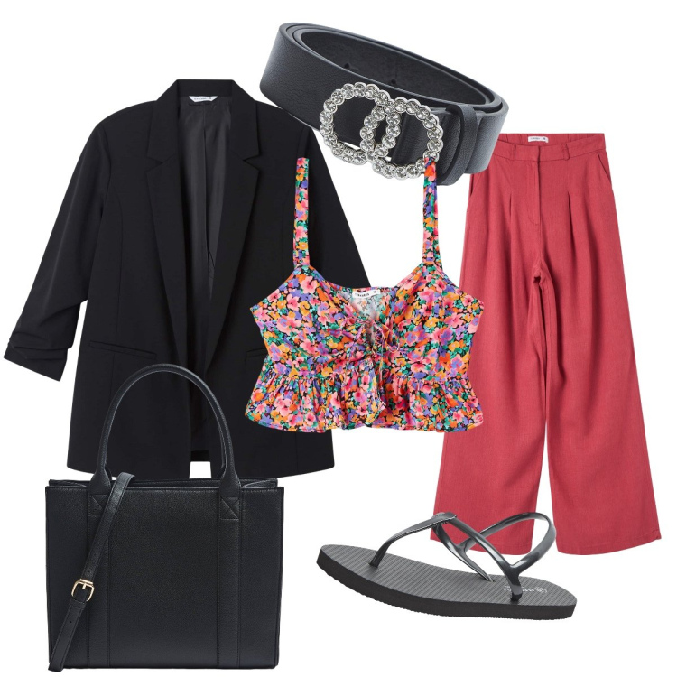 Outfit donna - Primavera con Terranova. Stile Casual chic per Tutti i giorni. Abbinamento con sandali, pantaloni, top, shopping bag, blazer, cinture.