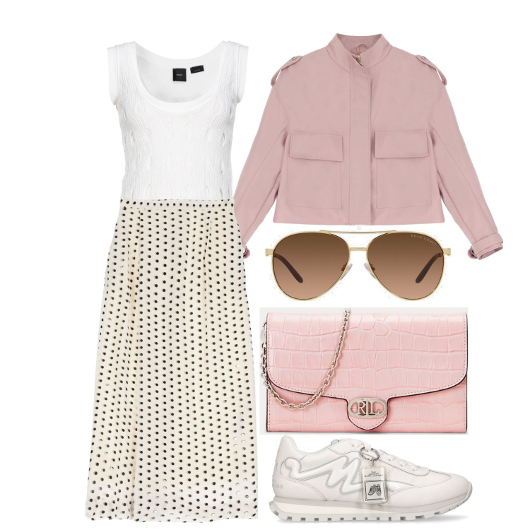 Outfit donna - Ghost outfitter - aprile. Stile Romantica per Tutti i giorni. Abbinamento con top, blazer, gonne longuette, occhiali da sole, borse a tracolla, sneakers.