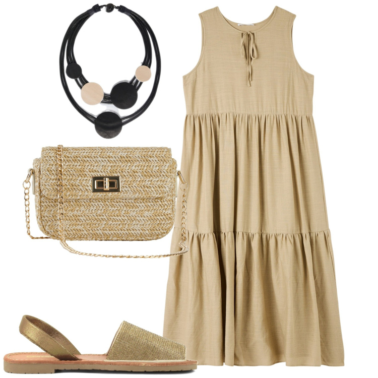 Outfit donna - Weekend. Stile Boho per Tutti i giorni. Abbinamento con borse a mano, vestiti senza maniche, sandali in pelle, collane.