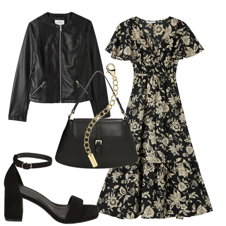 Outfit donna - A cena. Stile Casual chic per Tutti i giorni. Abbinamento con vestiti lunghi, blazer, collane, borse a spalla, sandali col tacco.