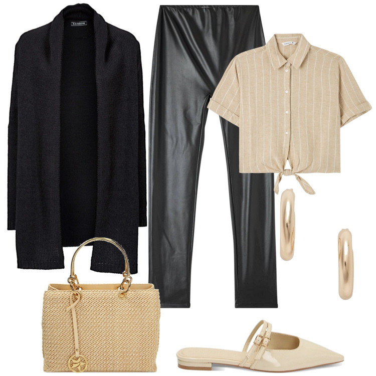 Outfit donna - Al lavoro. Stile Glamour per Ufficio. Abbinamento con cardigans, treggings, camicie a manica corta, sabot, borse a mano, orecchini.