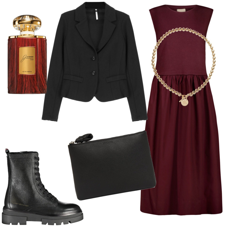 Outfit donna - Total look #1852360. Stile Casual chic per Tutti i giorni. Abbinamento con profumi, blazer, collane, vestiti midi/longuette, stivali, pochette.