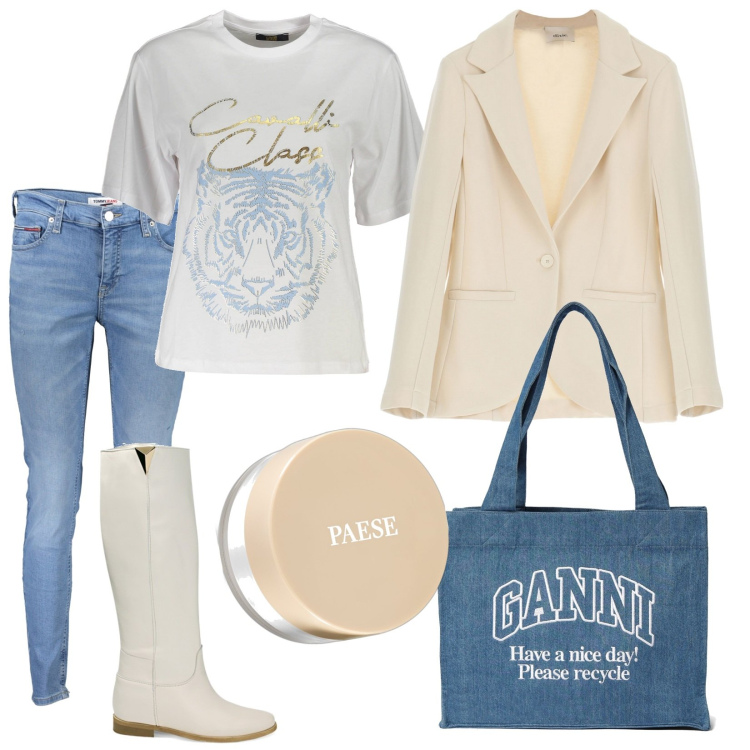 Outfit donna - Primavera. Stile Trendy per Tutti i giorni. Abbinamento con ciprie, stivali, blazer, t-shirt, shopping bag, jeans skinny.