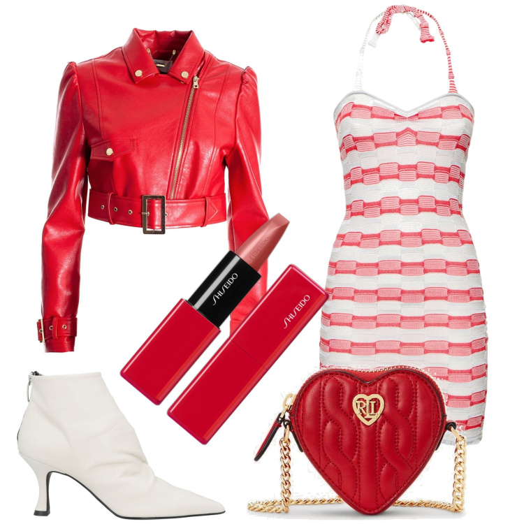 Outfit donna - Bianco e rosso. Stile Trendy per Serata fuori. Abbinamento con stivaletti, rossetti, giacche, pochette, vestiti asimmetrici.