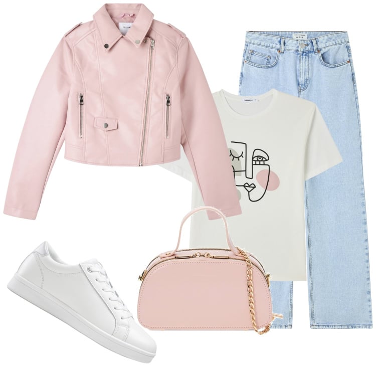 Outfit donna - Il chiodo rosa. Stile Casual per Tutti i giorni. Abbinamento con sneakers, jeans, t-shirt, giacche, borse a mano.