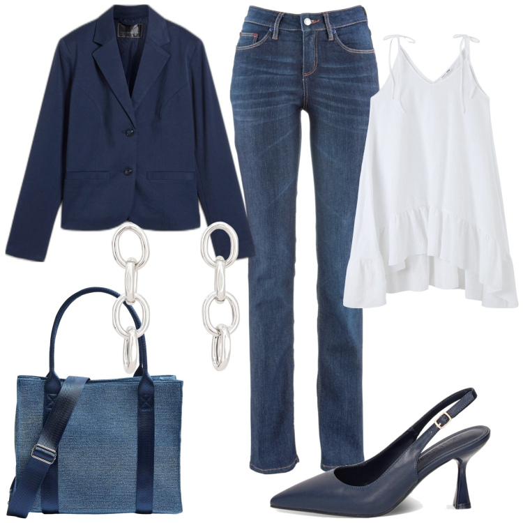 Outfit donna - Libera di essere. Stile Casual chic per Tutti i giorni. Abbinamento con jeans dritti, blazer, vestiti lunghi, shopping bag, décolleté, orecchini.
