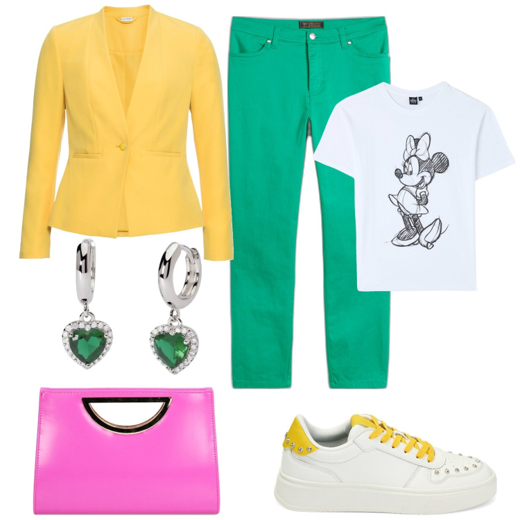 Outfit donna - Giornata frizzante. Stile Trendy per Tutti i giorni. Abbinamento con blazer, pantaloni, t-shirt, orecchini, sneakers, pochette.