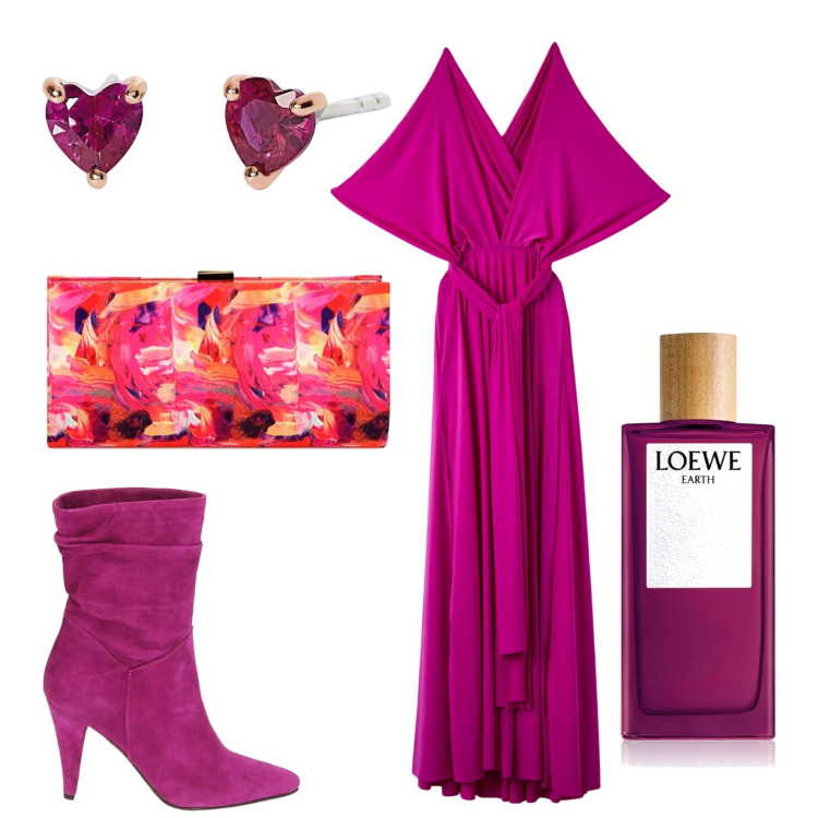 Outfit donna - Serata. Stile Glamour per Serata fuori. Abbinamento con profumi, vestiti lunghi, orecchini, stivaletti, pochette.