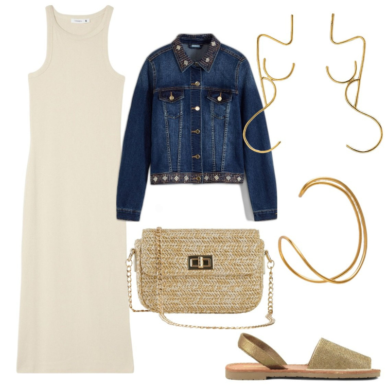 Outfit donna - Il giubbotto jeans con strass e perline. Stile Casual chic per Tutti i giorni. Abbinamento con blazer, borse a mano, vestiti lunghi, sandali in pelle, orecchini, braccialetti.