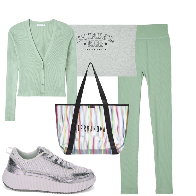 Outfit donna - Sporty. Stile Casual per Tutti i giorni. Abbinamento con leggings, top, cardigans, shopping bag, sneakers.