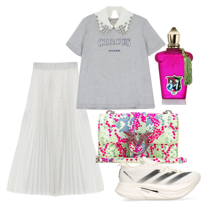 Outfit donna - Sognare in grande. Stile Trendy per Tutti i giorni. Abbinamento con profumi, borse a spalla, gonne longuette, t-shirt, sneakers.