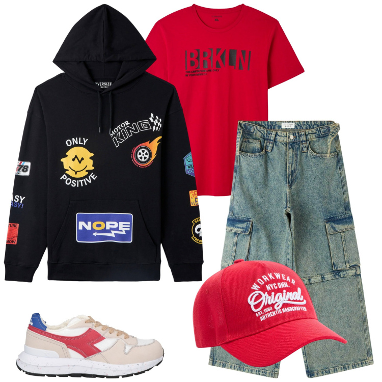 Outfit uomo - Gita scolastica. Stile Casual per Mare. Abbinamento con sneakers, cappelli, jeans, t-shirt, felpe con cappuccio.