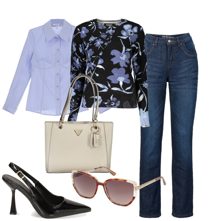 Outfit donna - City. Stile Casual chic per Tutti i giorni. Abbinamento con jeans dritti, camicie, décolleté, maglieria, occhiali da sole, borse a spalla.