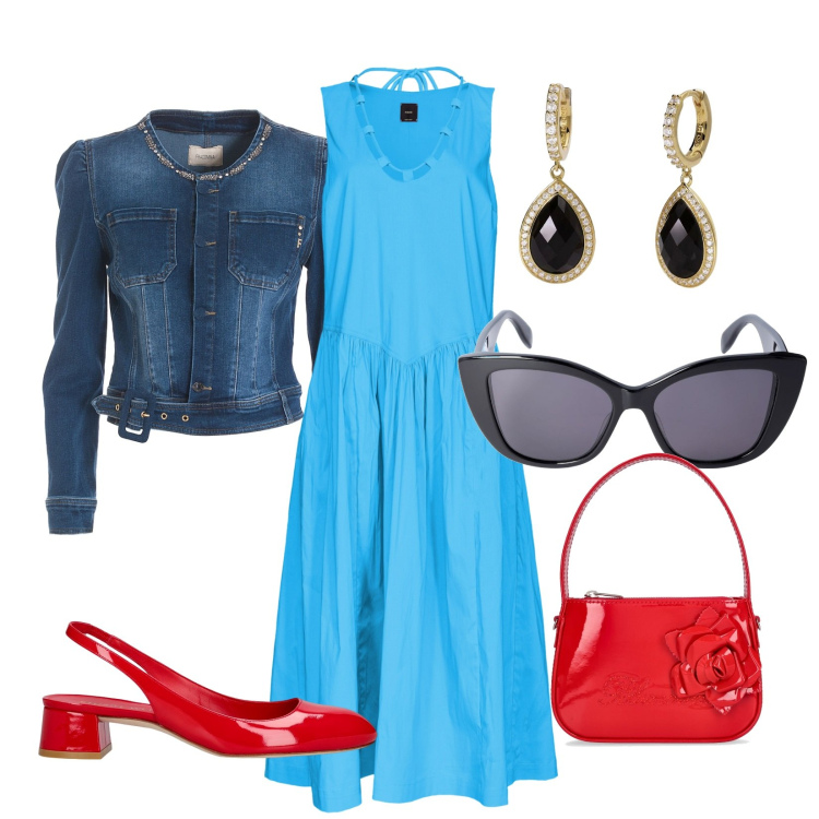 Outfit donna - Serata estiva. Stile Bon Ton per Serata fuori. Abbinamento con orecchini, vestiti midi/longuette, blazer, occhiali da sole, décolleté, borse a mano.