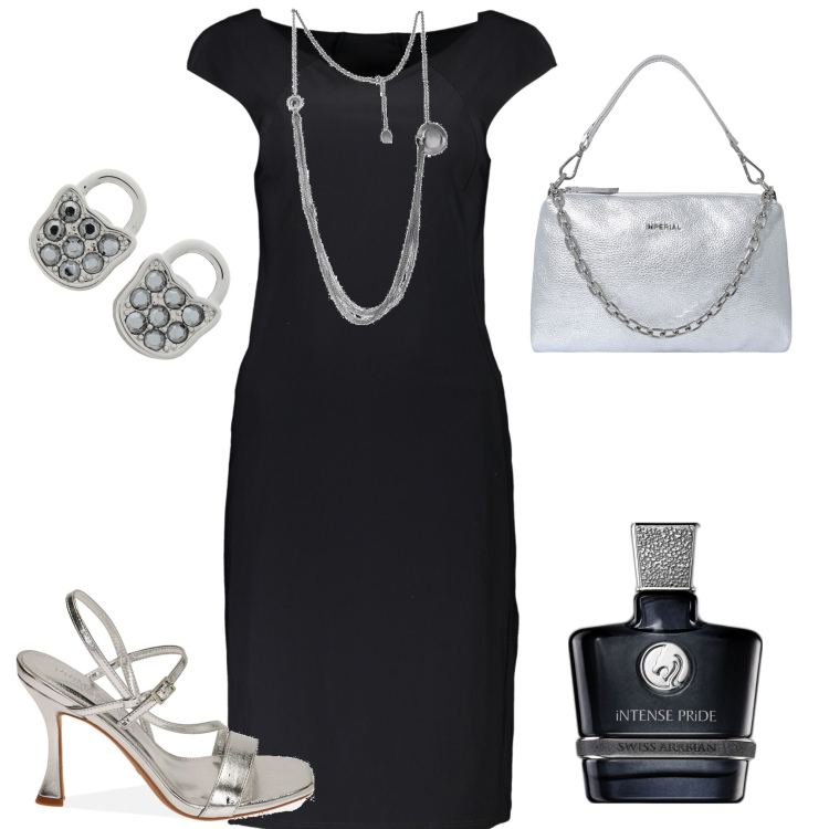 Outfit donna - Festa a sorpresa. Stile Chic per Serata fuori. Abbinamento con collane, orecchini, profumi, pochette, sandali col tacco, vestiti.