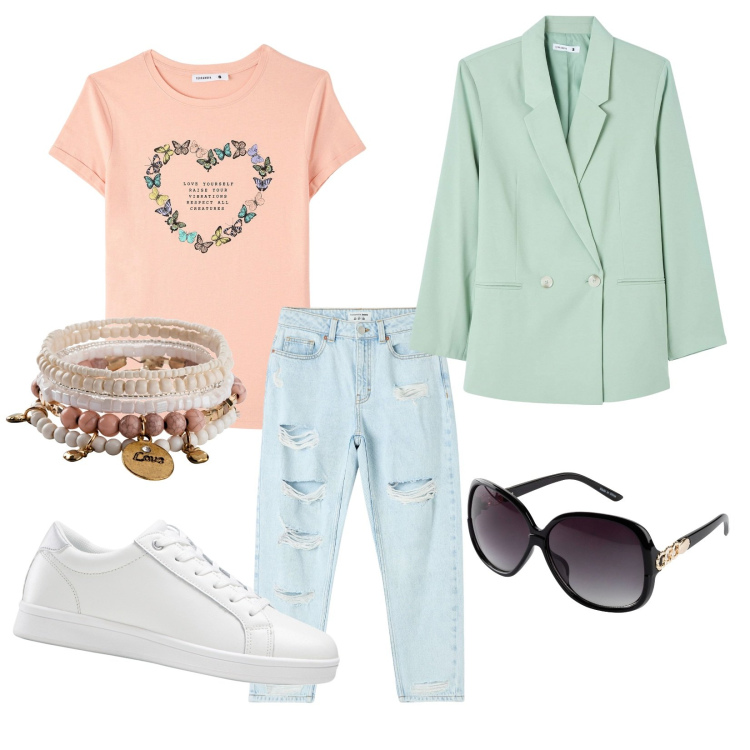 Outfit donna - Mid season. Stile Casual per Tutti i giorni. Abbinamento con braccialetti, sneakers, occhiali da sole, jeans mom, t-shirt, blazer.