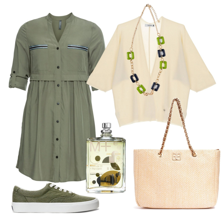 Outfit donna - Total look #1852476. Stile Casual per Tutti i giorni. Abbinamento con vestiti chemisier, profumi, cardigans, borse a spalla, sneakers, ciondoli.