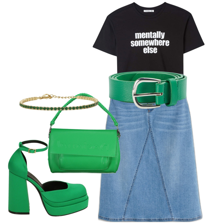 Outfit donna - Smeraldo brillante. Stile Bon Ton per Tutti i giorni. Abbinamento con gonne, t-shirt, cinture, braccialetti, décolleté, borse a spalla.
