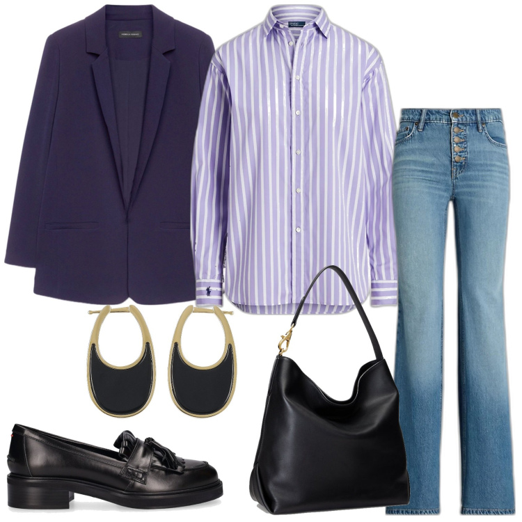 Outfit donna - Mi vesto comoda per la giornata. Stile Trendy per Tutti i giorni. Abbinamento con camicie, borse a spalla, jeans, mocassini, orecchini, blazer.
