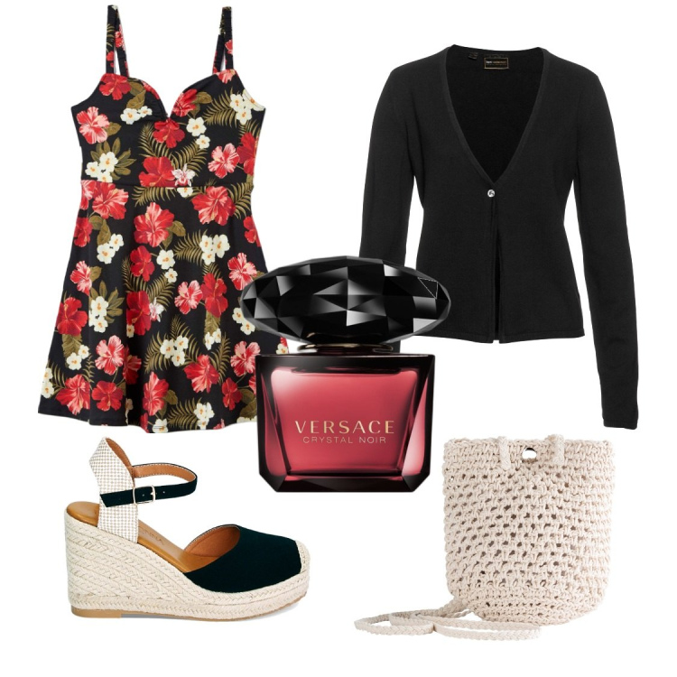 Outfit donna - Bouquet di fiori. Stile Casual per Tutti i giorni. Abbinamento con borse a tracolla, cardigans, profumi, vestiti midi/longuette, zeppe.