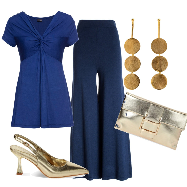 Outfit donna - Oro e blu. Stile Chic per Cerimonia. Abbinamento con maglieria, pantaloni, décolleté, pochette, orecchini.