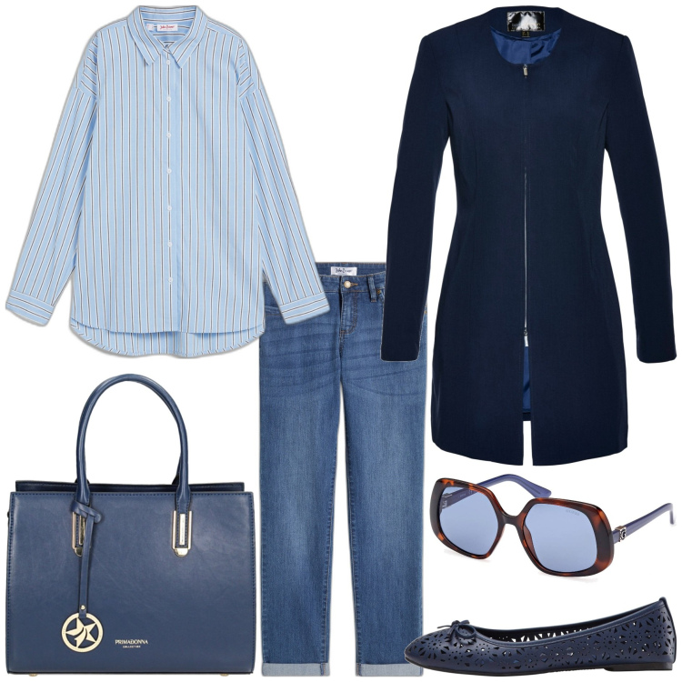 Outfit donna - Vestiti primaverili curvy. Stile Casual chic per Tutti i giorni. Abbinamento con ballerine, blazer, jeans dritti, camicie, borse a mano, occhiali da sole.